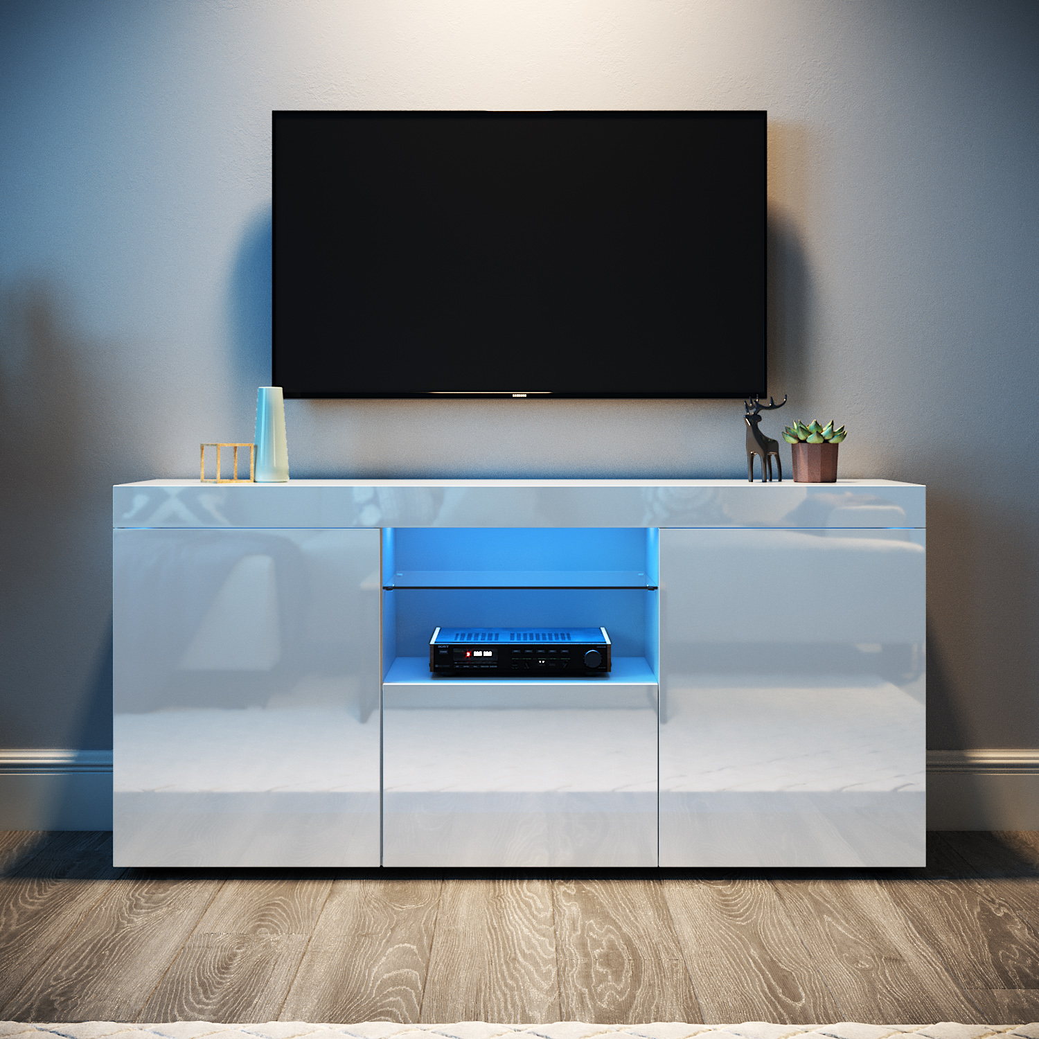 Modern Entertainment Unit TV Stand White High Gloss LED Light